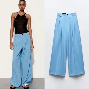 ZARA Women's Pleated Wide Leg Pants(Light-blue, US L/EUR L)